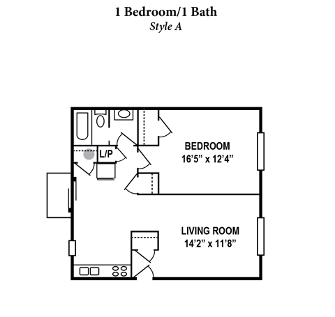 Floor plan for 1 bed, 1 bath, 750 sqft